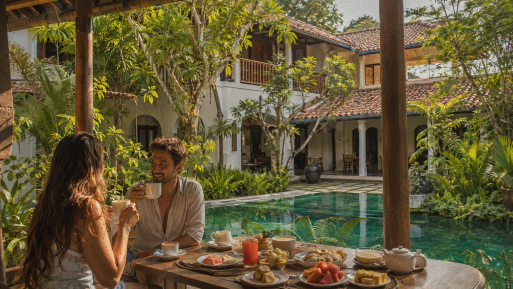 Couple enjoying breakfast at a luxury boutique hotel in Sri Lanka surrounded by tropical gardens